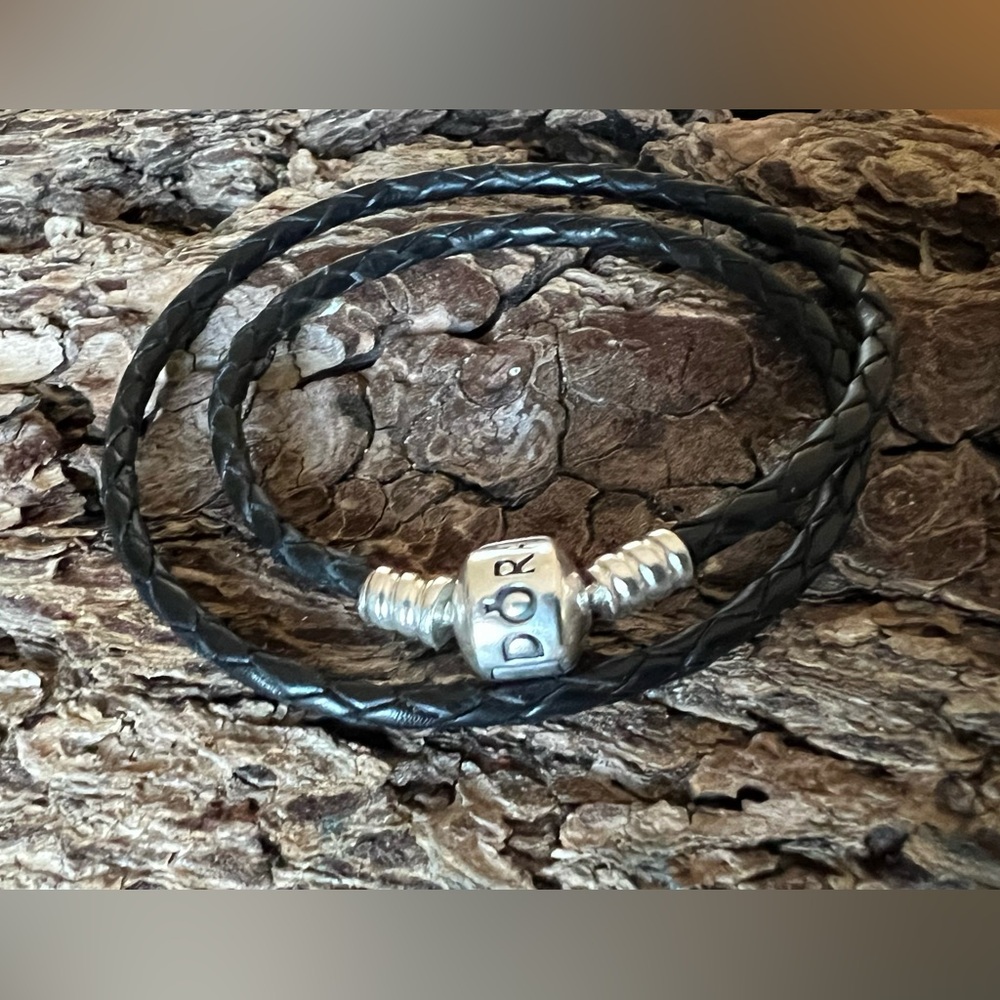 Authentic Pandora Leather Bracelet Black Double Wrap Braided Barrel Clasp Small